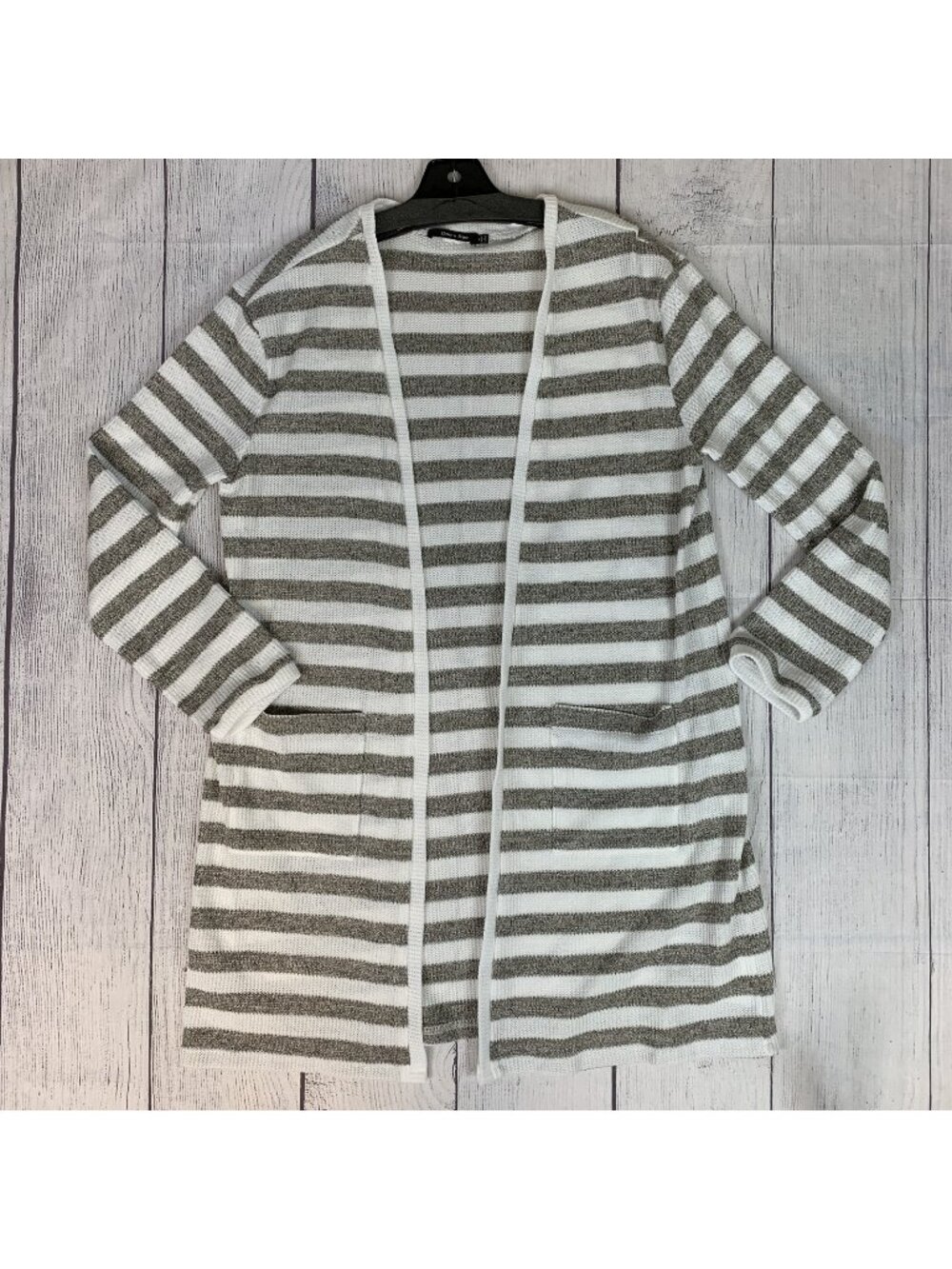 Doe & Rae Cardigan Sweater Womens L Gray White Striped Open Front Knit Pockets